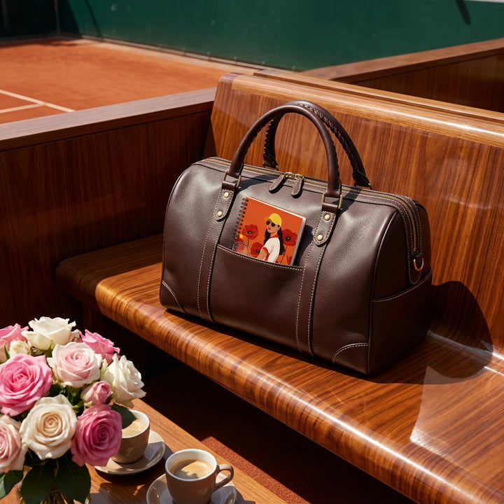 Photographie d'extérieur thème Roland Garros. loge VIP esprit sport, sur une banquette est posé un superbe Sac de sport chic en cuir , une poche extérieure d'où dépasse un carnet mzelle design original, sur une table basse un bouquet de roses roses et blanches, et 2 tasses de café, lumière franche créant des ombres nettes, ambiance sport chic.