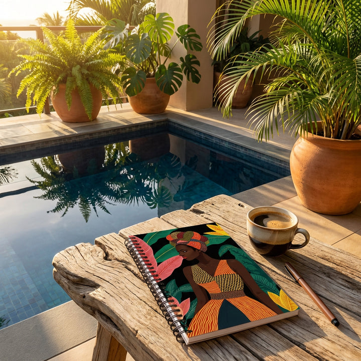 Photographie décoration terrasse  vue  d'un carnet à spirale mzelle design disposé sur une table basse en bois flotté, à côté d'une tasse de café et d'un stylo feutre, vu sur une piscine sombre moderne et pots de plantes exotiques, lumière . 