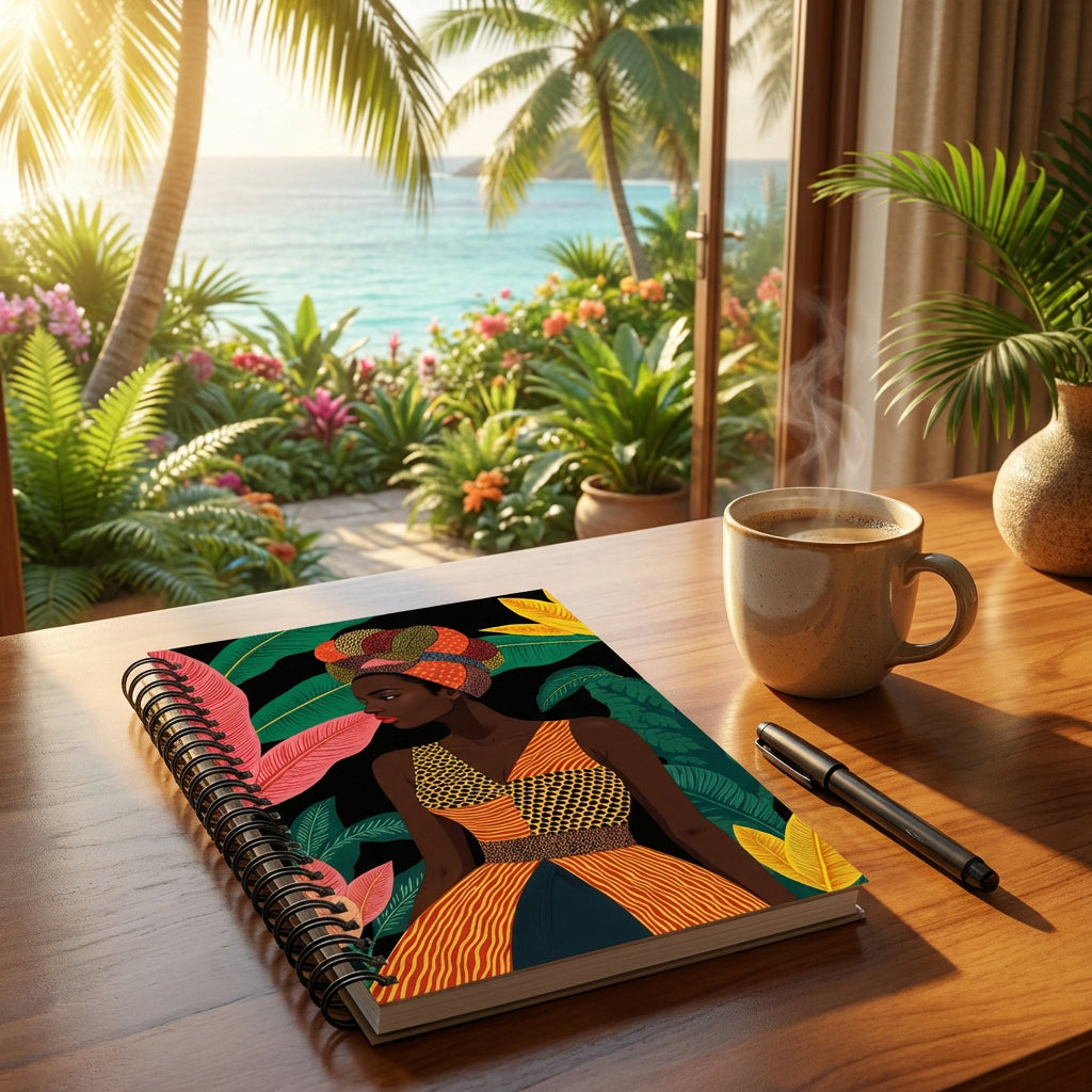 Photographie d’intérieur décoration villa ensoleillée aux Antilles, vue en gros plan d'un carnet à spirale mzelle design, disposé sur un bureau devant une fenêtre, tasse de café et d'un stylo feutre à côté, vue sur un jardin de plantes exotiques.