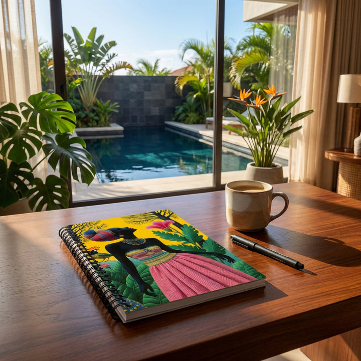 Photographie d’intérieur villa ensoleillée aux Antilles, vue d'un carnet à spirale motif femme africaine mzelle design, disposé sur un bureau devant une fenêtre vue sur piscine sombre moderne, tasse de café et d'un stylo feutre à côté, plantes exotiques, Atmosphère invitante.