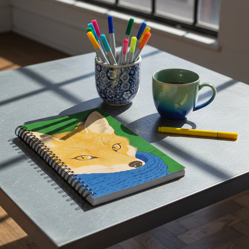 Photographie lifestyle de décoration, vue en plongée en gros plan sur une table basse où se trouve un carnet à spirale Mzelle Design posé à plat à côté d'un pot en céramique contenant des feutres de couleurs, une tasse de thé en céramique vert et bleu dégradé, un feutre posé, sol en parquet foncé.
