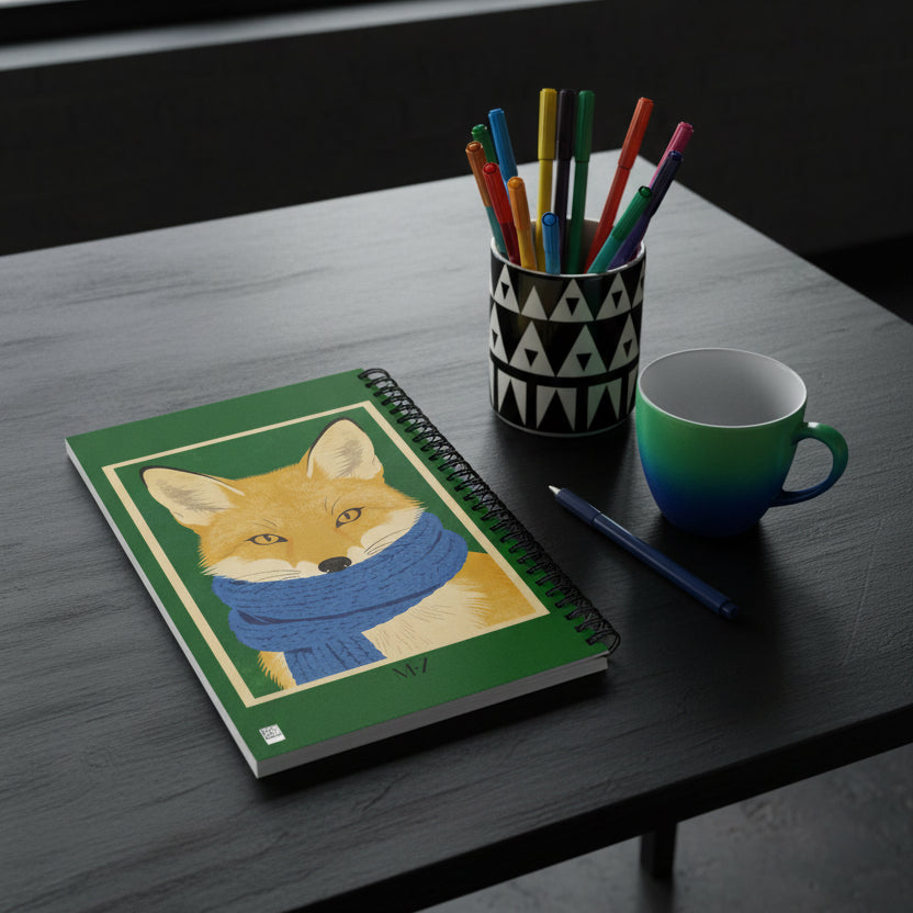Photographie lifestyle de décoration, vue en gros plan sur un bureau en bois noir où se trouve un carnet à spirale mzelle design, sensation de loft habité.