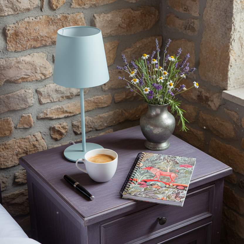 Photo professionnelle décoration de d'une chambre d'hôte en maison de campagne provençale, vue sur une table de chevet en bois peint violet foncé avec un carnet mzelle design posé en évidence, une tasse de café, une lampe moderne bleu glace, un stylo plume, Un vase en étain de fleurs sauvage, mur en pierres brutes et fenêtre.