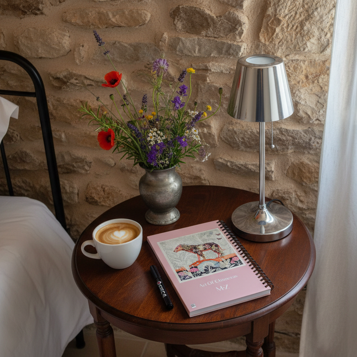 Photo professionnelle décoration d'une chambre d'hôte en maison de campagne provençale, focus sur une table de chevet en bois foncé avec un joli carnet mzelle design posé en évidence, une tasse de café, une lampe moderne en chrome, un feutre Un vase en étain de fleurs sauvage, mur en pierres.