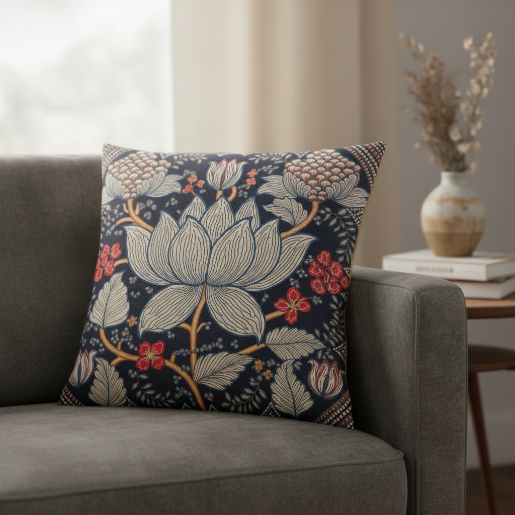 Coussin décoration INDE Mzelle Design - Motif imprimé Lotus stylisé sur fond bleu effet block print