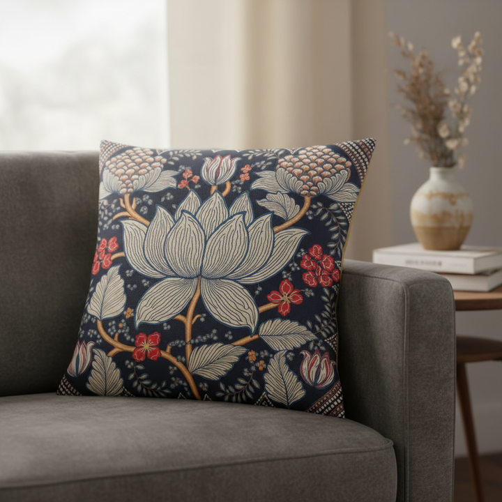 Coussin décoration INDE Mzelle Design - Motif imprimé Lotus stylisé sur fond bleu effet block print