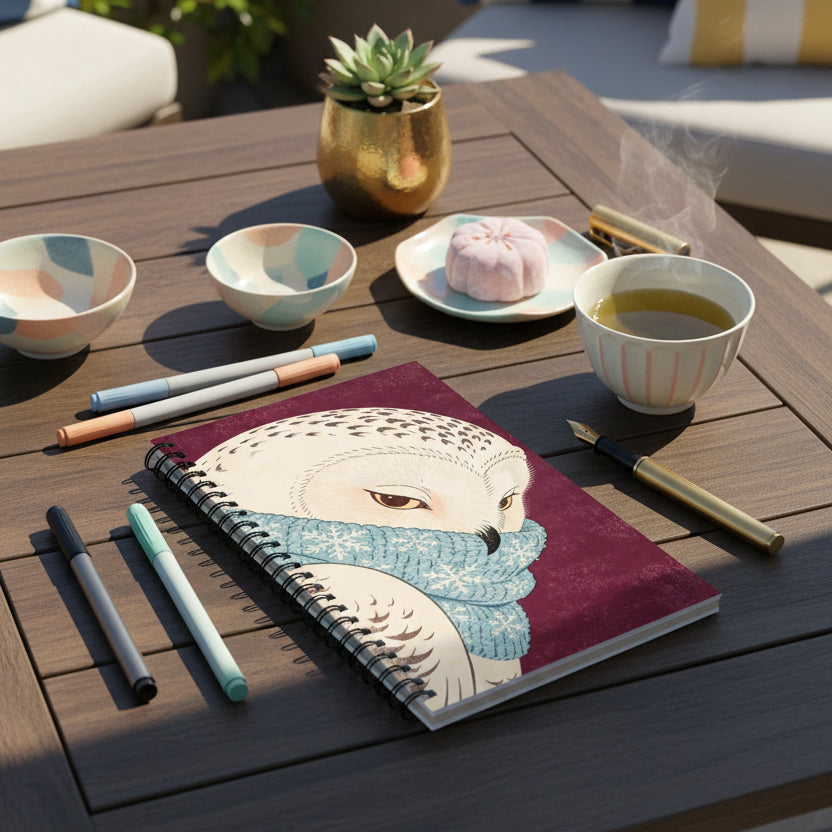 Photographie professionnelle, vue en plongée sur table basse en bois foncé disposée dans un patio lumineux, gros plan sur un beau carnet A5 mzelle design motif chouette, feutres, stylo plume, thé japonais et pâtisserie, végétation, céramiques colorées pastel ambiance vivante, chic et chaleureuse.
