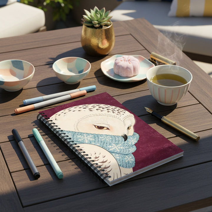 Photographie professionnelle, vue en plongée sur table basse en bois foncé disposée dans un patio lumineux, gros plan sur un beau carnet A5 mzelle design motif chouette, feutres, stylo plume, thé japonais et pâtisserie, végétation, céramiques colorées pastel ambiance vivante, chic et chaleureuse.