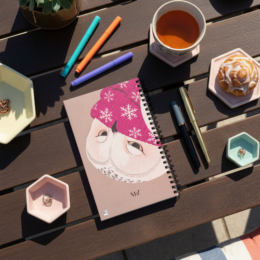 Photographie professionnelle, vue en plongée sur table basse en bois foncé disposée dans un patio lumineux, gros plan sur un beau carnet A5 mzelle design motif chouette, feutres, stylo plume, thé japonais et pâtisserie, végétation, céramiques colorées pastel ambiance vivante, chic et chaleureuse.