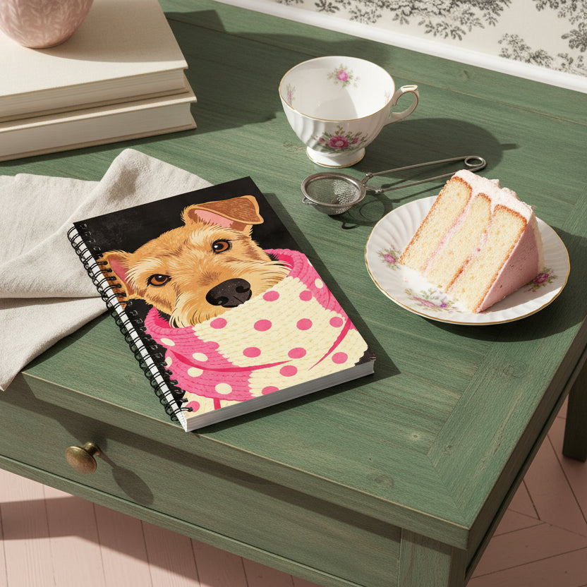 Photographie professionnelle, décoration haut de gamme, salon de thé anglais raffiné, vue en plongée rapprochée sur un  carnet à spirale A5 mzelle design motif fox terrier posé au centre, tasse de thé et part de cake, ambiance habitée, élégante et chaleureuse.