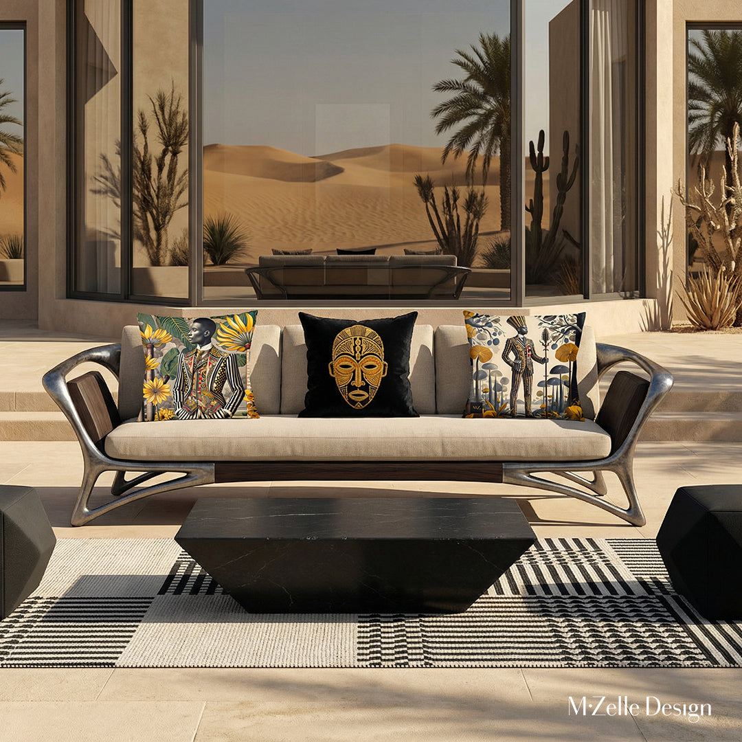 Photographie professionnelle haut de gamme d'une villa dans un oasis du désert, vue de face d'un superbe canapé au design audacieux, assise couleur sable ornée de coussins mzelle design motif africain de chaque côté. Mobilier avant-gardiste aux lignes organiques et géométriques. Table basse monolithique, tapis graphique.