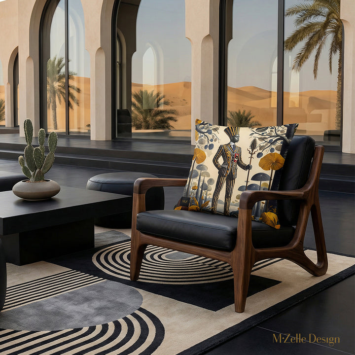 Photographie professionnelle haut de gamme d'une villa dans un oasis du désert, vue de face d'un superbe canapé au design audacieux, assise couleur sable ornée de coussins mzelle design motif africain de chaque côté. Mobilier avant-gardiste aux lignes organiques et géométriques. Table basse monolithique, tapis graphique.
