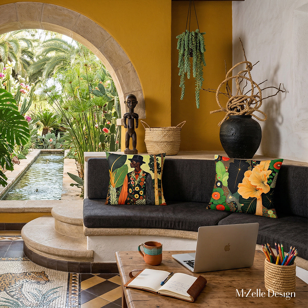 photographie professionnelle décoration d'une hacienda tropicale, vue centrale une banquette de pierre surélevé sur une marche arrondie, assises en tissus noir orné de 2 coussins mzelle design motifs afro chic,  Table basse assortie avec laptop, tasse de café, carnet, pot à crayons. En arrière plan, une arche ouverte sur un jardin avec bassin.