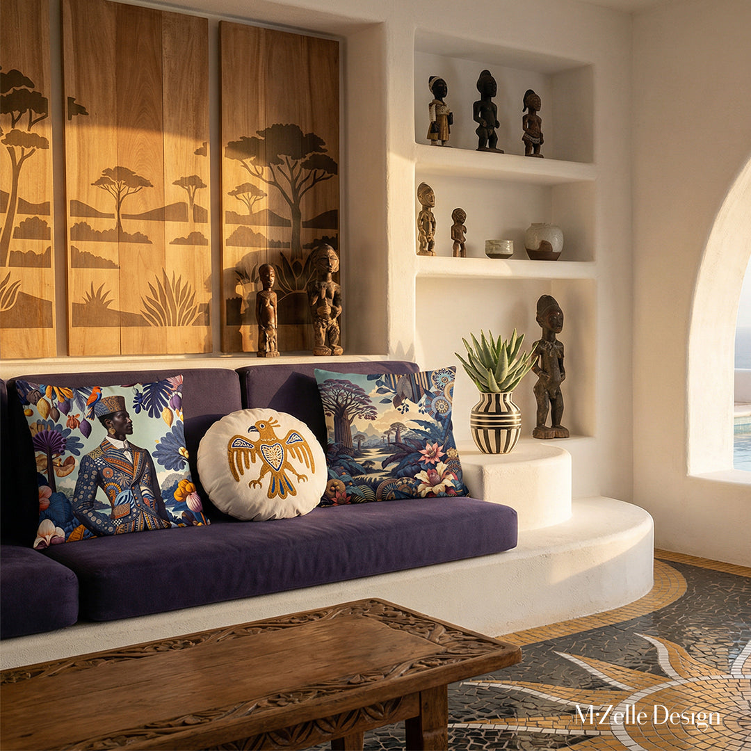 Photo professionnelle hautement détaillée, salon Arty dans une villa portoricaine baignée de soleil avec murs blanchis à la chaux, arche ouverte sur une piscine à débordement. Au premier plan un canapé surélevé sur une marche arrondie, assises violet foncé avec 2 larges coussins mzelle design. Au pochoir représentant un paysage stylisé. Carrelage de mosaiques.