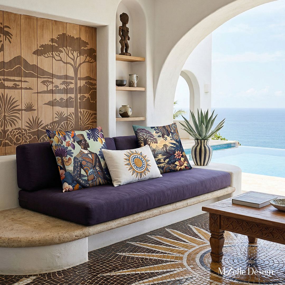 Photo professionnelle hautement détaillée, salon Arty dans une villa portoricaine baignée de soleil avec murs blanchis à la chaux, arche ouverte sur une piscine à débordement. Au premier plan un canapé surélevé sur une marche arrondie, assises violet foncé avec 2 larges coussins mzelle design. Au pochoir représentant un paysage stylisé. Carrelage de mosaiques.