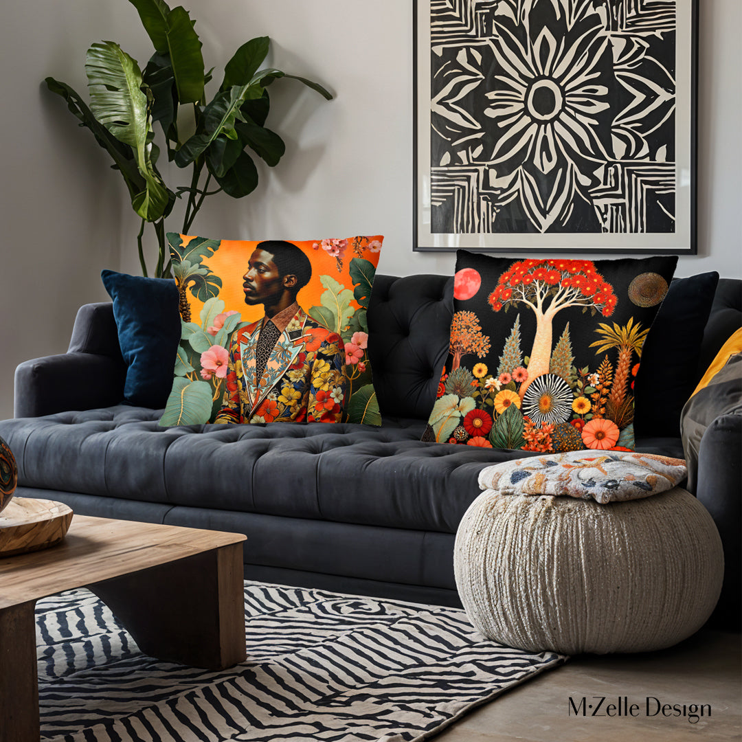 Décoration intérieur Mzelle Design - canapé avec deux coussins Homme africain élégant et un paysage exotique