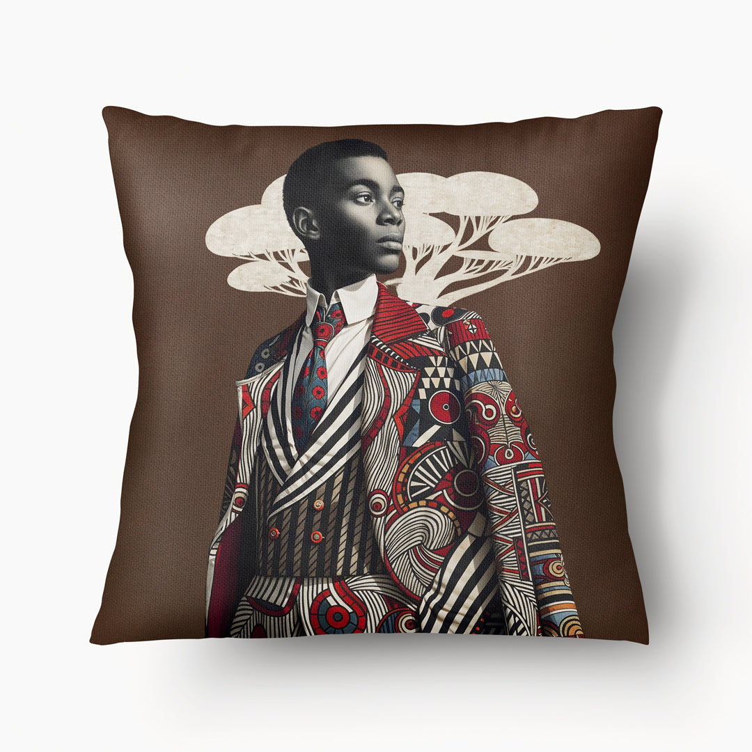 Coussin figuratif thème AFRIQUE Mzelle Design, bel homme élégant inspiré du style Sapeur congolais, sur un fond marron costume graphique. 