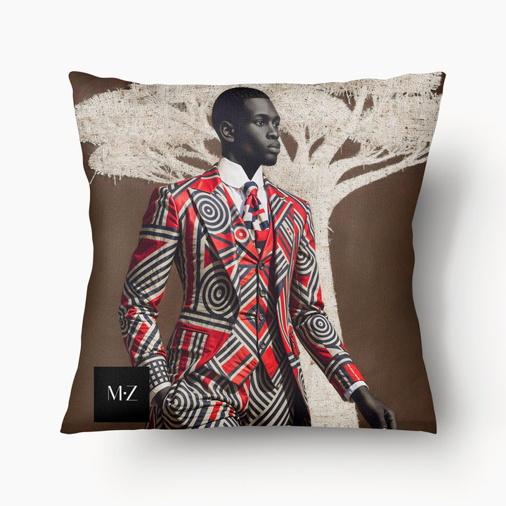 Coussin figuratif thème AFRIQUE Mzelle Design, bel homme élégant inspiré du style Sapeur congolais, sur un fond marron costume graphique et baobab en trompe l'oeil. 