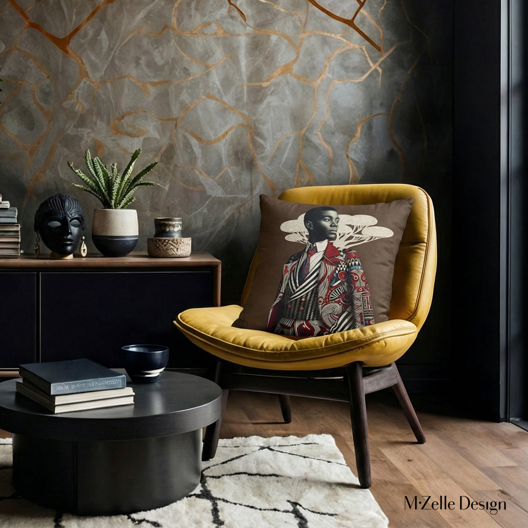 Décoration esprit afrique, représente un salon avec un canapé jaune orné d'un coussin figuratif avec un bel homme élégant inspiré du style Sapeur congolais, sur un fond marron costume graphique et baobab en trompe l'oeil. 