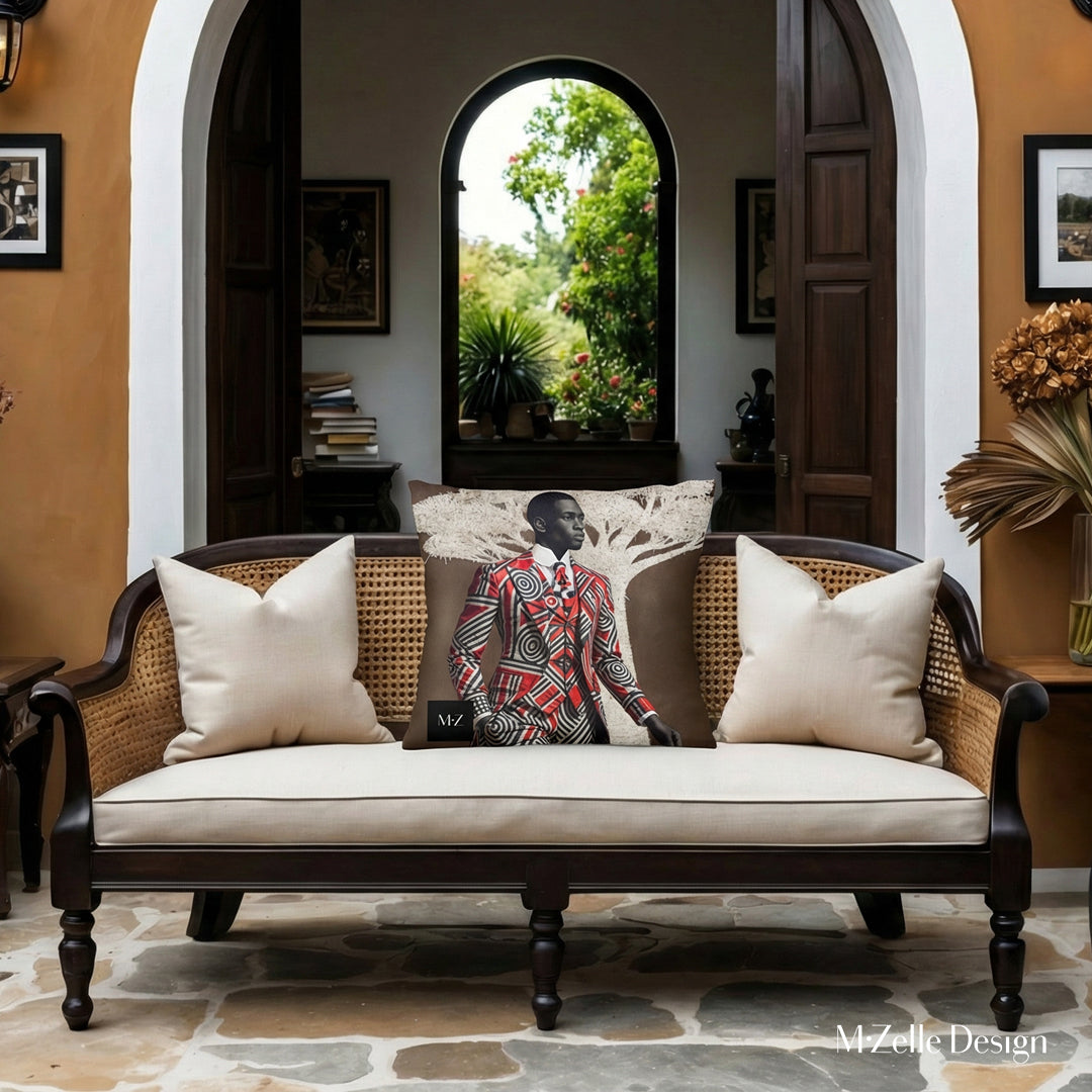 Décoration esprit afrique, représente un patio avec un canapé créole orné d'un coussin figuratif avec un bel homme élégant inspiré du style Sapeur congolais, sur un fond marron costume graphique et baobab en trompe l'oeil. 