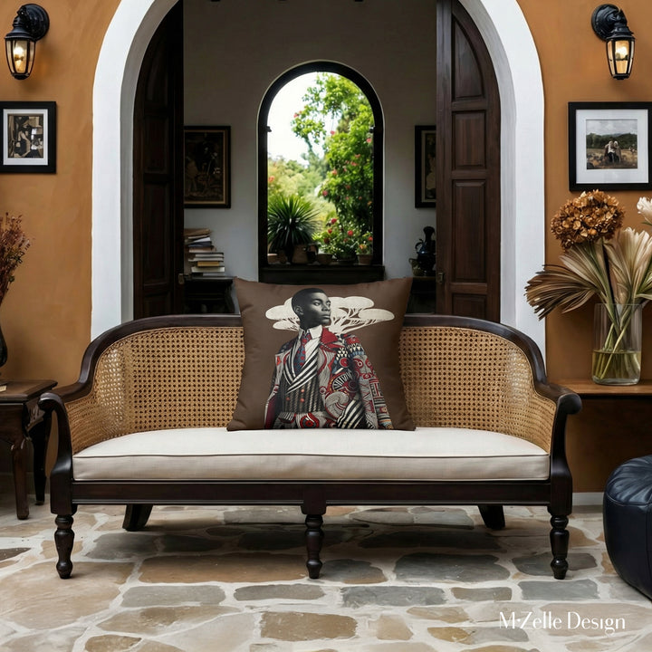 Décoration esprit afrique, représente un patio avec un canapé créole orné d'un coussin figuratif avec un bel homme élégant inspiré du style Sapeur congolais, sur un fond marron costume graphique et baobab en trompe l'oeil. 