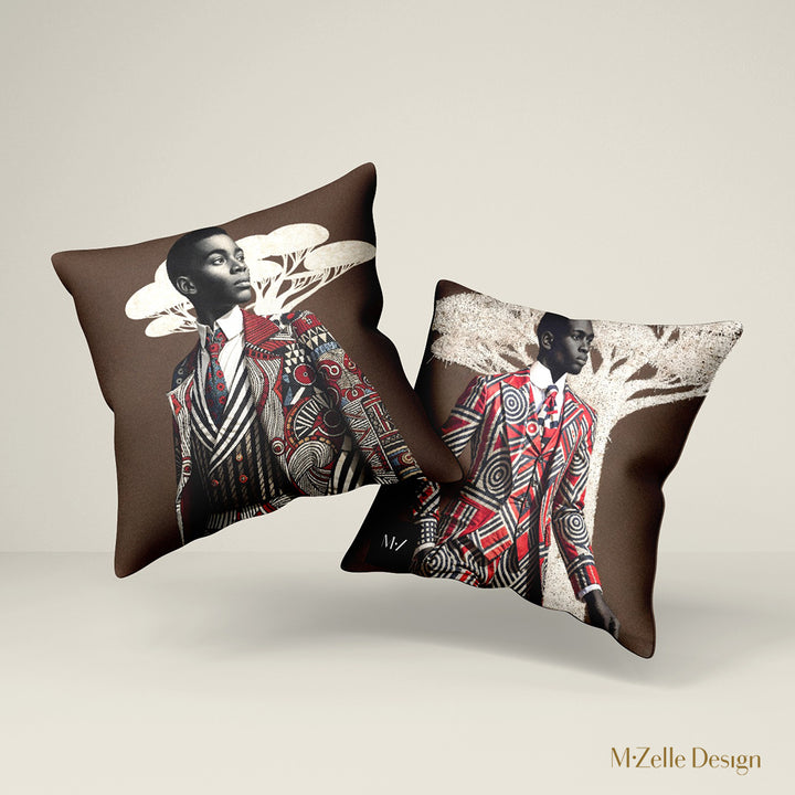 Deux Coussins figuratifs thème AFRIQUE Mzelle Design, bel homme élégant inspiré du style Sapeur congolais, sur un fond marron costume graphique et baobab en trompe l'oeil. 