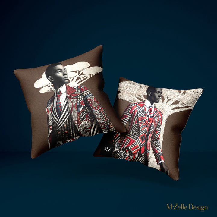 Coussin figuratif thème AFRIQUE Mzelle Design, bel homme élégant inspiré du style Sapeur congolais, sur un fond marron, costume graphique et baobab en trompe l'oeil. 