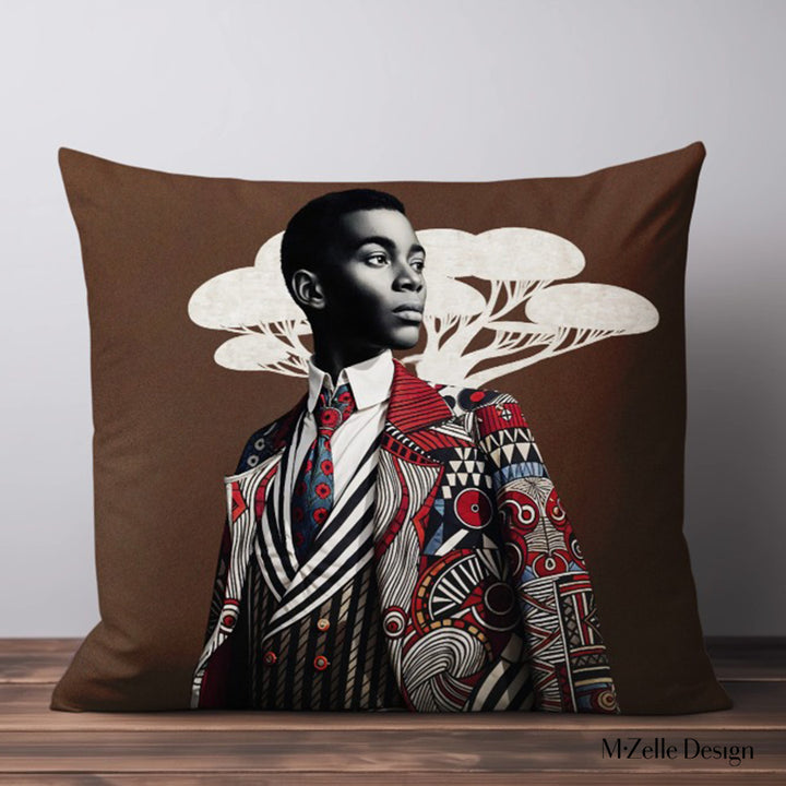 Coussin figuratif thème AFRIQUE Mzelle Design, bel homme élégant inspiré du style Sapeur congolais, sur un fond marron costume graphique et baobab en trompe l'oeil. 