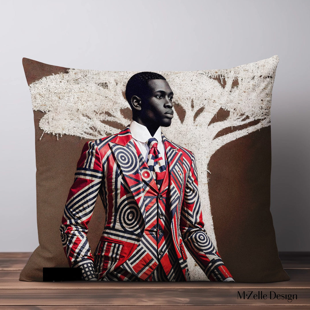 Coussin figuratif thème AFRIQUE Mzelle Design, bel homme élégant inspiré du style Sapeur congolais, sur un fond marron costume graphique et baobab en trompe l'oeil. 