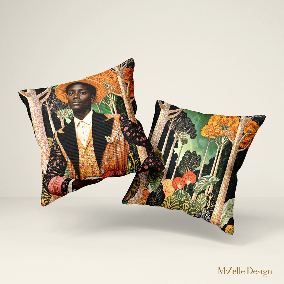 Deux Coussins AFRIQUE marque MZelle Design - Bel africain Sapeur avec un chapeau et une tenue originale brodée