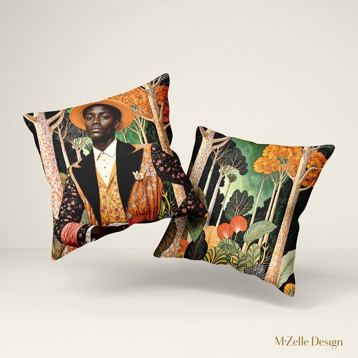Deux Coussins AFRIQUE marque MZelle Design - Bel africain Sapeur avec un chapeau et une tenue originale brodée