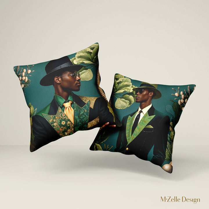 Coussins Mzelle Design thème AFRIQUE portrait de Sapeur congolais, bel homme en costume original, chapeau et lunettes, végétation sur fond bleu-vert, décoration chic