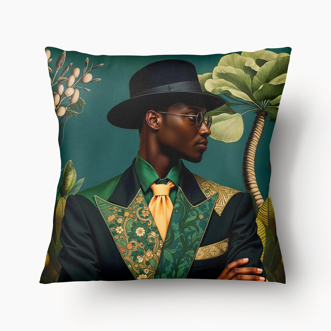 Coussin Mzelle Design thème AFRIQUE portrait de Sapeur congolais, bel homme en costume original, chapeau et lunettes, végétation sur fond bleu-vert, décoration chic