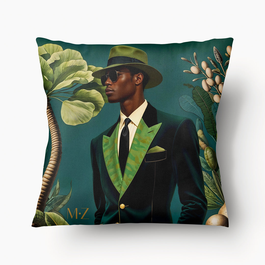 Coussin Mzelle Design thème AFRIQUE portrait de Sapeur congolais, bel homme en costume de velours, chapeau et lunettes, végétation sur fond bleu-vert, décoration chic