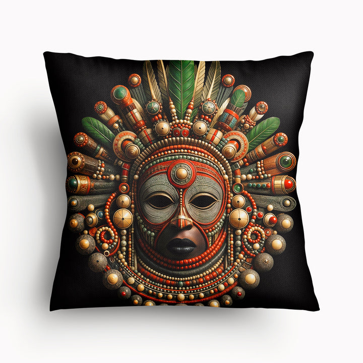 Housse de Coussin AFRIQUE Mzelle design -  Masque africain orné d'une Parure de plume et de perles sur fond noir