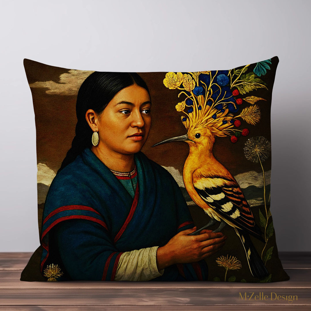 Coussin décoration d'AMERIQUE LATINE marque Mzelle design, amérindienne et oiseau huppe superbe plumage avec des fleurs