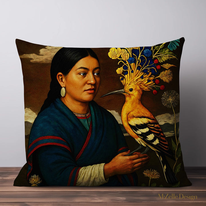 Coussin décoration d'AMERIQUE LATINE marque Mzelle design, amérindienne et oiseau huppe superbe plumage avec des fleurs