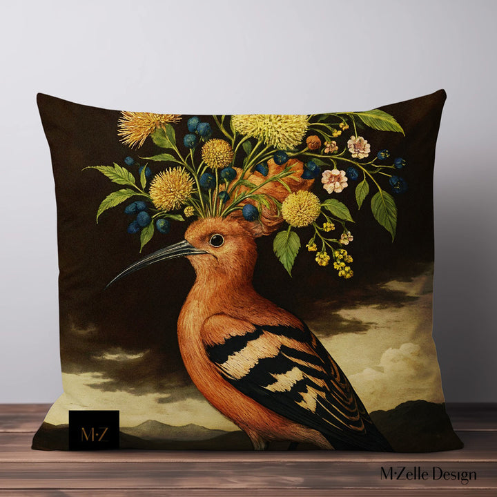 Coussin décoration d'AMERIQUE LATINE marque Mzelle design, amérindienne et oiseau huppe superbe plumage avec des fleurs