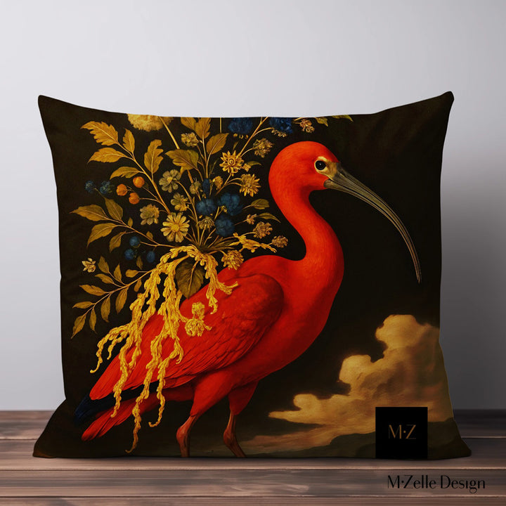 Superbe coussin réversible avec un portrait artistique d'un oiseau Ibis rouge Marque Mzelle Design