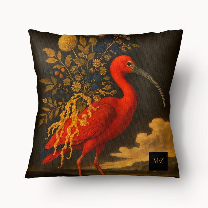 Coussin avec un superbe oiseau Ibis rouge orné de fleurs et feuilles Marque MZelle Design