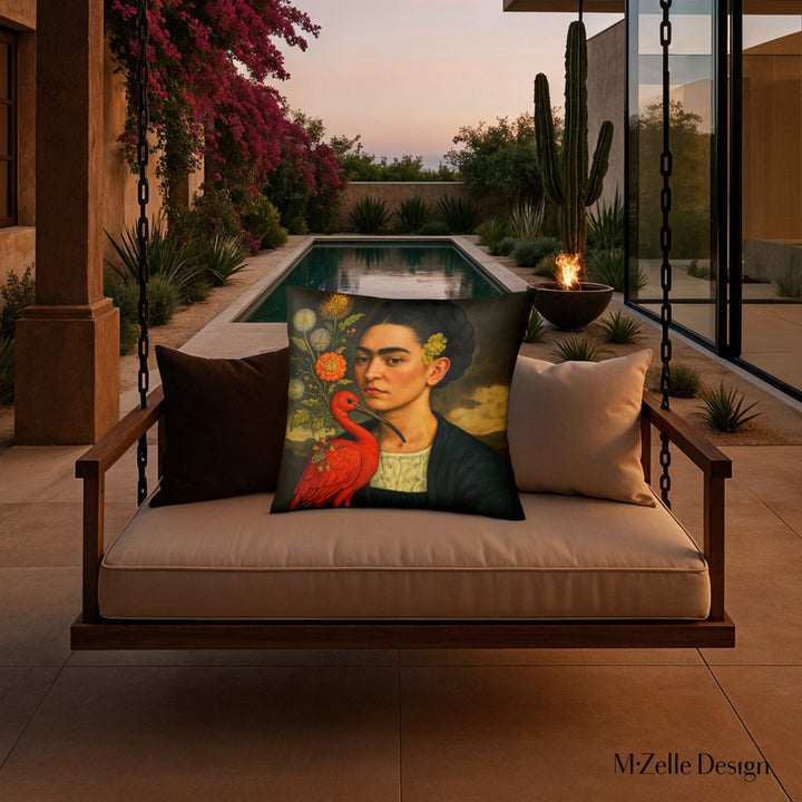 Décoration intérieur, terrasse de villa style latino avec un fauteuil suspendu orné d'un superbe coussin Frida Kahlo avec un Ibis Rouge