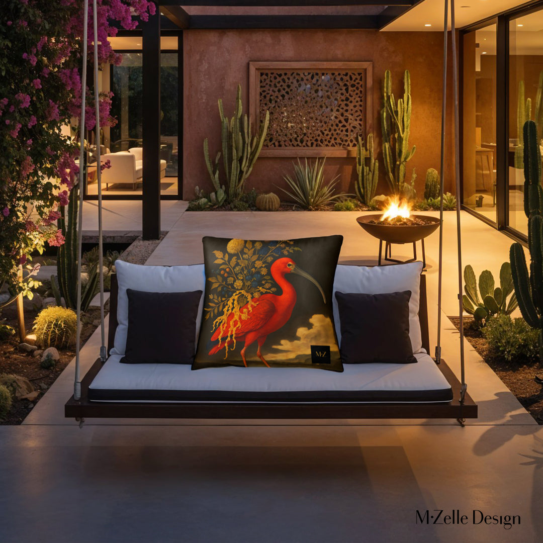 Décoration intérieur, terrasse de villa style latino avec un fauteuil suspendu orné d'un superbe coussin MZelle Design  avec un Ibis Rouge 