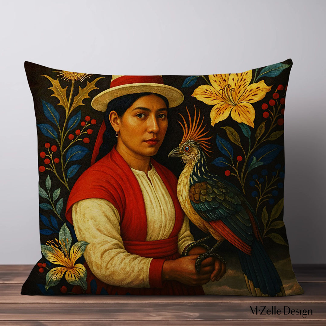 Coussin Mzelle Design, thème décoration amérique latine avec une bolivienne vêtue de rouge et de blanc tenant un oiseau hoazin