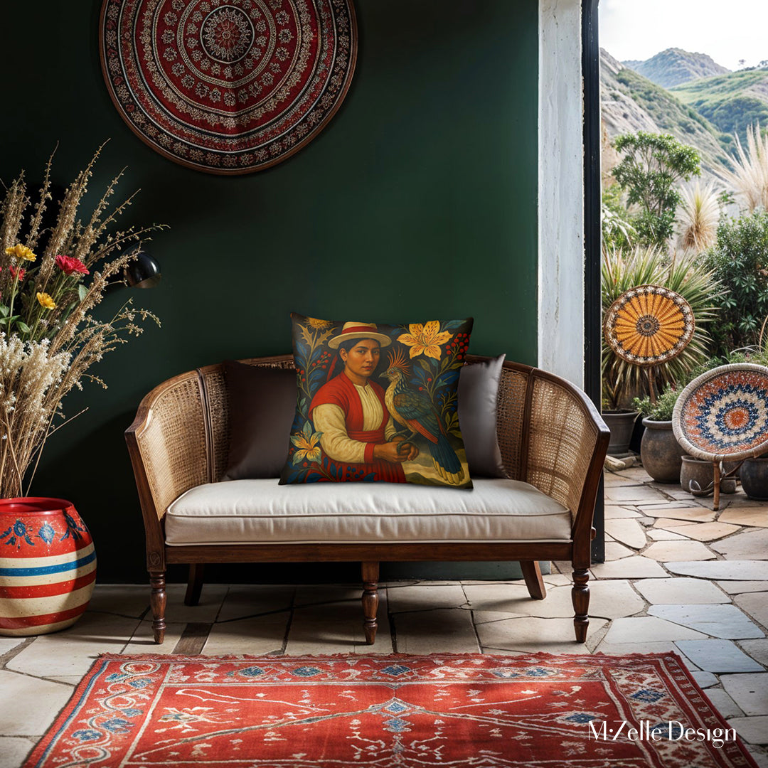 Décoration d'intérieur avec un canapé orné d'un Coussin Mzelle Design, style amérique latine avec une bolivienne vêtue de rouge et de blanc tenant un oiseau hoazin