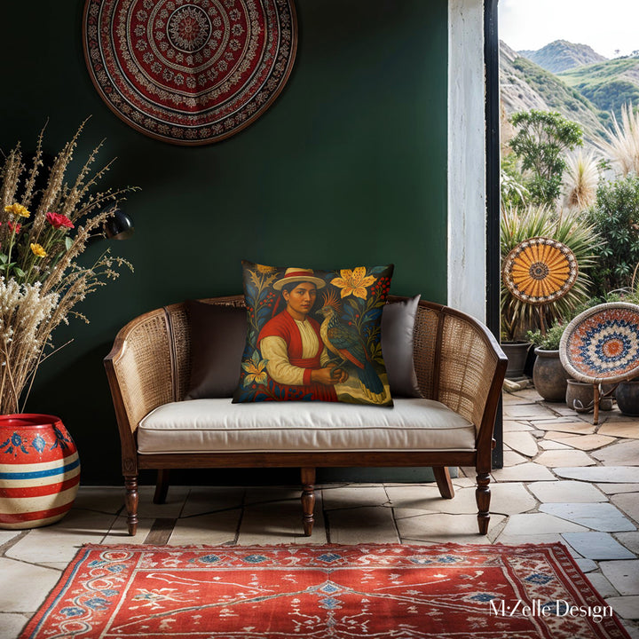 Décoration d'intérieur avec un canapé orné d'un Coussin Mzelle Design, style amérique latine avec une bolivienne vêtue de rouge et de blanc tenant un oiseau hoazin
