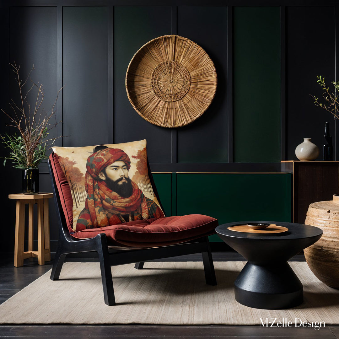 Décoration d'hotal avec un superbe Coussin Mzelle design, imprimé portrait de Gengis Khan sur fond ecru ambiance automnale tons chauds et contraste floral. 