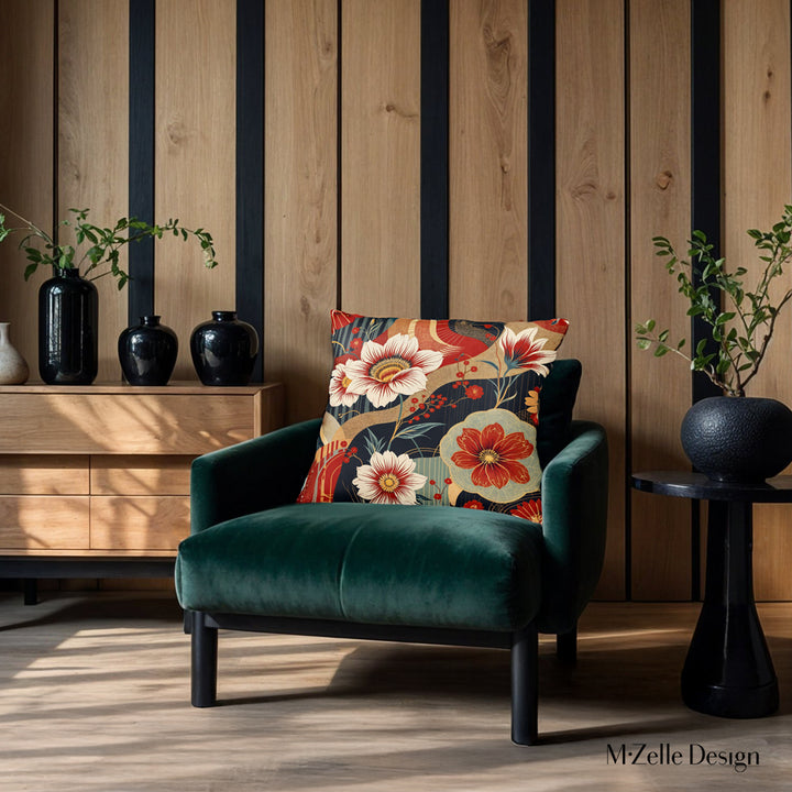 Décoration d'hotal avec un superbe Coussin Mzelle design,  ambiance automnale tons chauds et contraste floral. 