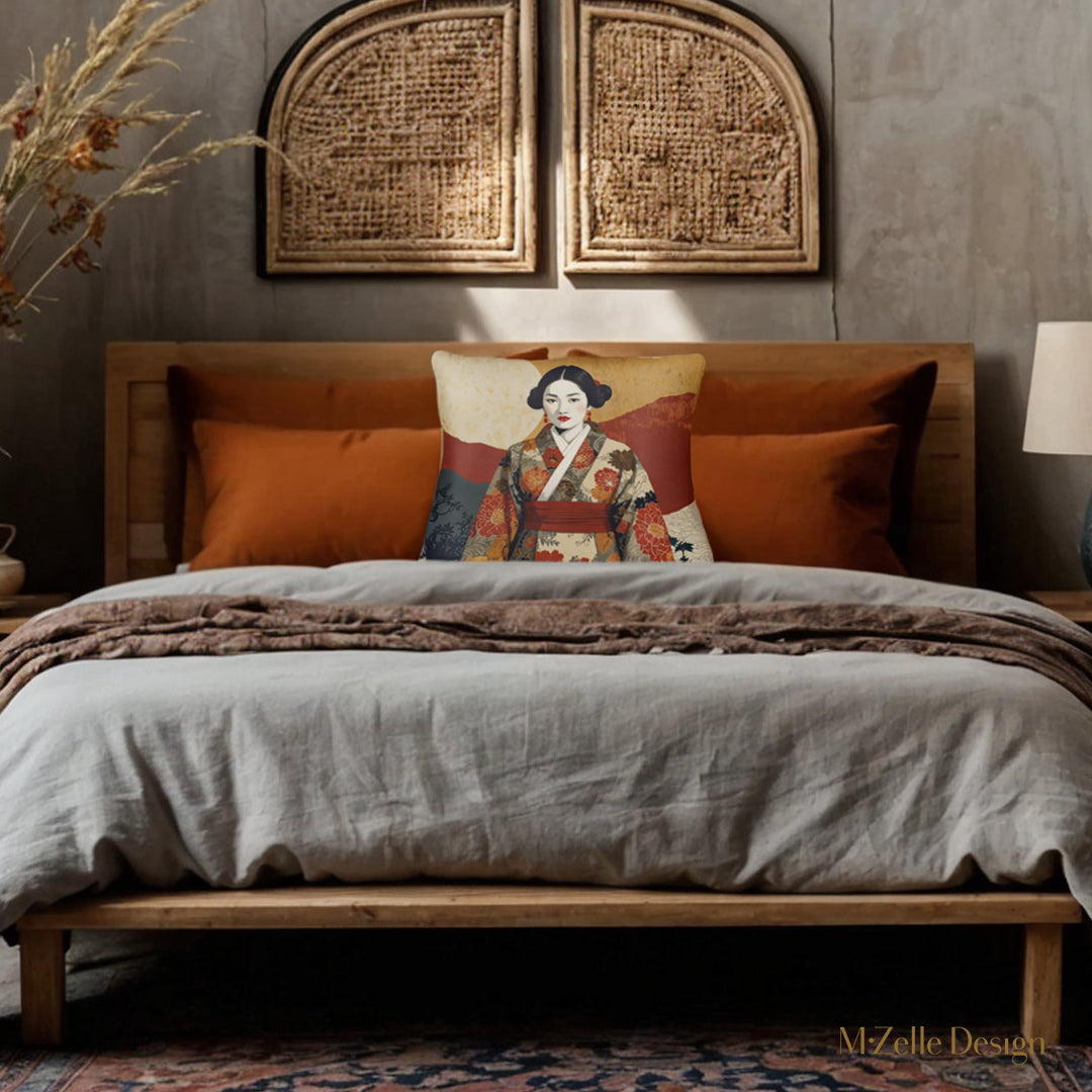 Décoration Intérieur chambre avec des Coussins décoratifs Mzelle Design, thème japandi imprimé Portrait de Japonaise dans les tons ocre rouge et écru