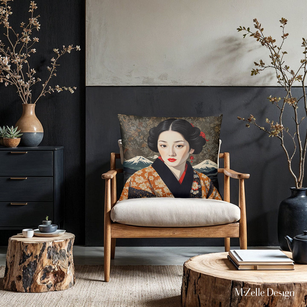 Décoration Intérieur salon avec des Coussins décoratifs Mzelle Design, thème japandi imprimé Portrait de Japonaise dans les tons ocre rouge et écru