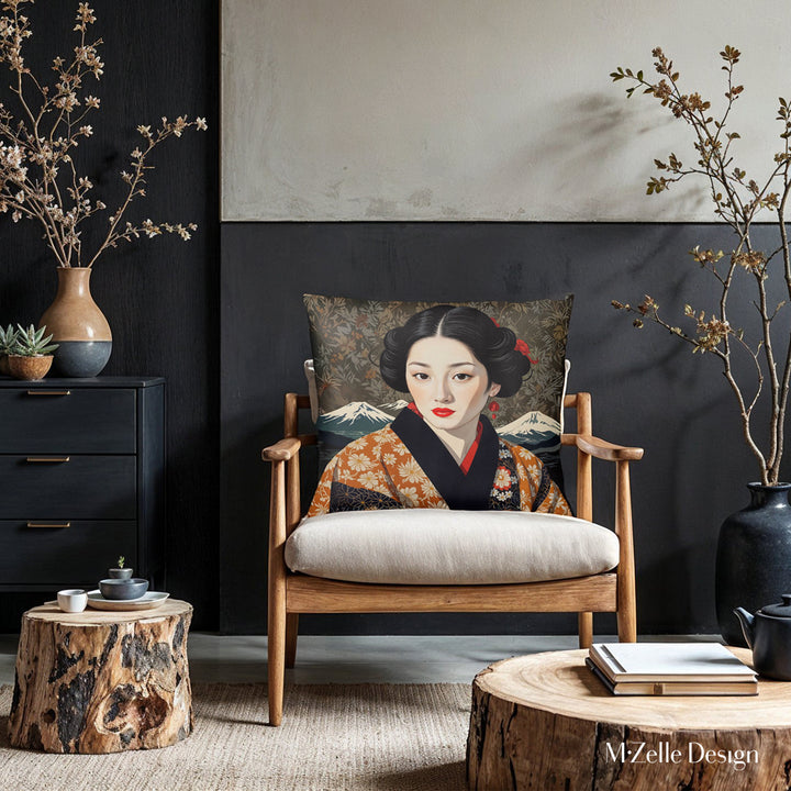 Décoration Intérieur salon avec des Coussins décoratifs Mzelle Design, thème japandi imprimé Portrait de Japonaise dans les tons ocre rouge et écru
